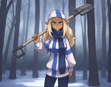 (artist: kenket :1),
masterpiece, best quality, newest, absurdres, highres, detailed background,
detailed background, outdoors, forest, day, winter, snowing,
1girl, solo, mimmisuomi,
blonde hair, long hair, sidelocks, medium breasts, blue eyes,
straight-on, looking at viewer, glaring, holding shovel, flag print, finnish flag, sweater, beanie, yoga pants, imminent hit, 
<lora:mimmi 2550 steps:1>