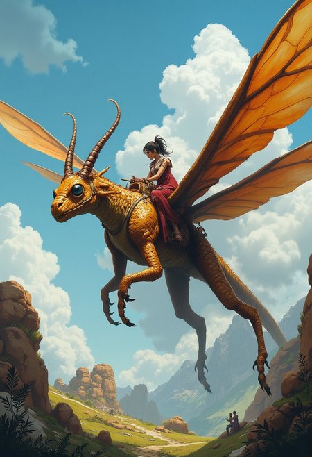 fantasy landscape, a huge dragonfly with a human sitting astride in a saddle on its back.