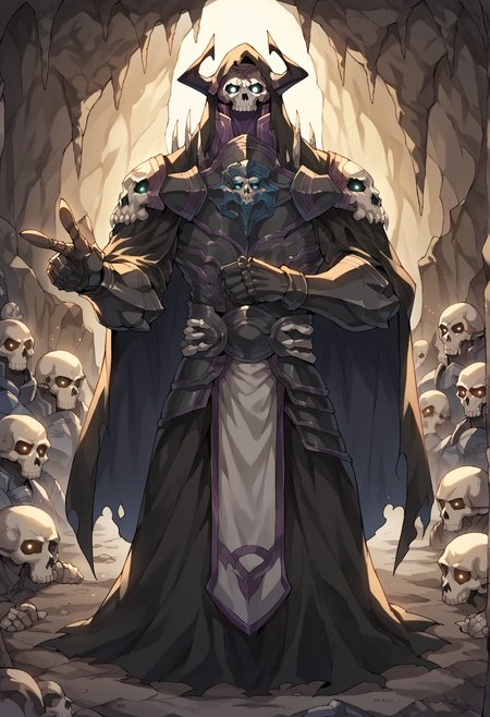 1boy, armor, full armor, knight, skull, mask, horns, pauldrons, indoors, cave, pointing at viewer, glowing eyes, cloak, hood, hood up <lora:First_Hassan:0.8>, score_9, score_8_up, score_7_up, score_6_up, score_5_up, score_4_up, BREAK source_anime, masterpiece