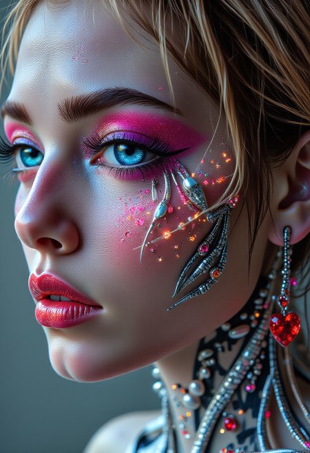 A close-up portrait of a beautiful Slavic woman with a dash of Asian blood. She has a few minimal implants, and mechanical limbs with Ceramic composite cyborg appendages with smooth porcelain-like surface, minimalist design, pearlescent sheen. Bright makeup adds expressiveness to her face. Bright pink eyeshadow and lip gloss of the same color, eyes heavily lined with black. Long black eyelashes frame bright sky-blue eyes that look boldly at the viewer. A snub nose gives her face a sweet look. Short blond hair is styled in a bob. A wide choker made of steel weave is worn around her neck. Massive dangling heart-shaped earrings made of blood-red ruby aacomplete the look.
