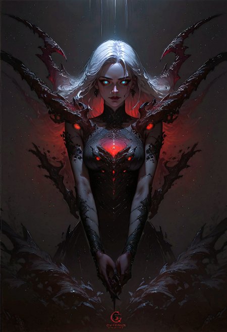 score_9, score_8_up, score_7_up,  rating_safe, 1girl, solo, glow eyes, white hair, red light, demon, full face, symmetry, dark theme  <lora:pony/concept_art_darkside:0.8> concept art, realistic <lora:pony/gwent_v2.0:0.6> gwentstyle <lora:pony/expressiveh:0.8> expressiveh