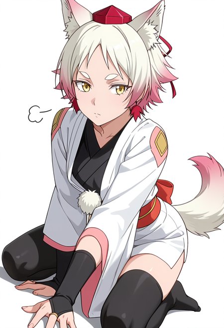 Smooth Quality,masterpiece,very intricate, high quality details, ultra realistic, high detailed skin,detailed enviorement,absurdres,
simple background, white background,
kneeling pose, one hand on the ground, other hand reaching forward, focused gaze, tense muscles,  ,dutch angle,sigh,solo,
 <lora:Momiji_cnn:0.8> momijicnn,1girl, wolf ears, yellow eyes, white hair, pink hair, short hair, gradient hair, thick eyebrows,tokin hat, japanese clothes,white kimono,sash, black thighhighs, long sleeves, bridal gauntlets,earrings, pom pom (clothes), tail,