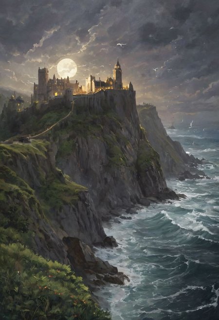 On a rugged cliffside overlooking a vast,tumultuous ocean,a grand castle stands majestically under a dark,brooding sky. The full moon casts a serene,silvery glow over the scene,contrasting with the shadows that cloak the castle's towering spires and stone walls. A large banner adorned with a regal emblem flies proudly from the highest tower,fluttering in the brisk night breeze. Below,the relentless waves crash against the rocky base of the cliff,sending sprays of saltwater into the air. Seagulls circle and cry out,adding to the wild,untamed atmosphere of the dark night.,romantic impressionism,dream scenery art,beautiful oil matte painting,romantic,beautiful digital painting,anime landscape,romantic painting,dreamlike digital painting,colorful painting,thick brushstrokes characteristic,rough stroke,beautiful gorgeous digital art,style of greg rutkowski,thomas kinkade,janek sedlar,jenny saville