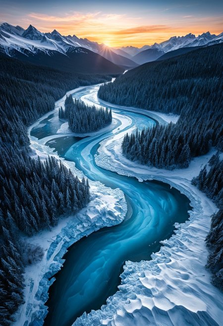 Aerial view over a frozen kingdom, sweeping panoramic snow-capped mountains, intricate crystalline ice formations, winding frozen river, dense winter forest shimmering in twilight, dramatic atmospheric lighting, high contrast shadows, expansive composition with epic scale, intricate textures, surreal reflections adding mystique, sophisticated color palette of icy blues, soft grays and luminescent whites, 8k ultra quality, digital masterpiece, hyper detailed, cinematic framing, dynamic altitude perspective