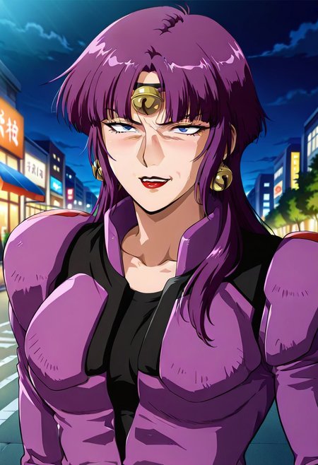 ((masterpiece, absurdres)), best quality, amazing quality, newest, 4k, anime coloring, very aesthetic, ray tracing, Smooth Quality, CG, source_anime,street view,city,night, moonlight,Fuala,blue eyes, 1 mature female, long hair, purple hair, red lips, bell headband, bell earrings, purple pilotsuit,black t-shirt,mad expression