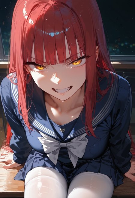 score_9, score_8_up, score_7_up, score_6_up, score_5_up, score_4_up, source_anime,
masterpiece, detailed, detailed body, 
 volumetric lighting, vibrant colors, light particles, godrays, warm light, 1dk, Expressiveh 
   shiny, shiny skin, skindentation, 
 1girl, solo, <lora:zs_SahoriXL_1:1> sahorismtv, long hair, blunt bangs, red hair, blue serafuku, long sleeves, blue skirt, white pantyhose, night, school classroom, evil grin, looking at viewer,from above  , sitting,
 Expressive eye,
Expressionless,
