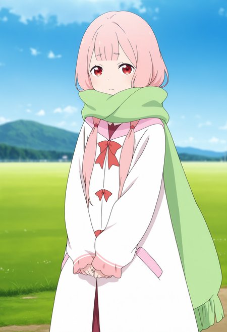anime screencap, masterpiece, best quality,
<lora:ReZero_Carmila_IlluXL:0.9>,
1girl, solo, closed mouth,
blunt bangs, low twintails, hair tie, long hair, pink hair, red eyes,
green scarf, enpera, long coat, white coat, red bowtie, sleeves past wrists, 
own hands together, standing, looking at viewer,
grass, blue sky, photo background, blurry background