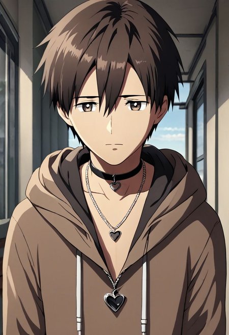 high resolution, solo, best quality, 1Boy, Takaki Toono, Brownish Hair, Brown Eyes, bangs, necklace, choker, hair between eyes, Hoodie, OverallDetail