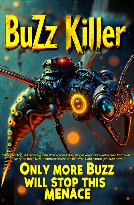 A 1950's style movie poster design of a hyper-detailed modern day rendering of a futuristic mechanical killer wasp AI drone, merging 3D rendering, and cyberpunk aesthetics. it is hovering almost vertical facing you, its tail curled under with its tail stinger pointing at you. Its metallic, segmented body gleams dull with intricate mechanical details, each plate etched with neon circuitry glowing faintly in yellow and red. The wasp’s razor-sharp, mechanical tail stinger, adorned with glowing engravings, it's tail curling under its body, pointed forward, long stinger poised to sting, glowing yellow venom slowly dripping from the stinger point, exuding an aura of lethal precision. The lighting is dramatic, casting sharp contrasts with hues of neon blue, amber, and metallic silver. The background is a blurred industrial wasteland, with hints of sparks and smoke. Across the top, the bold different multi-sized text "KiLLer BuZz" explodes in a dynamic, splattered, messy ink style, in black and yellow, ensuring readability without obstructing the wasp’s menacing visage. At the bottom center, more text reads "Only more Buzz will stop this menace" is neatly displayed in yellow text with a crisp black outline, perfectly framing the scene,magic lit