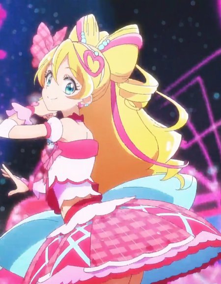 score_9, score_8_up, score_7_up,source anime,absurdres,solo,1girl,anime screencap, (from behind:1.2),cureidol,  pink skirt, smile, skirt, jewelry, earrings, navel, looking at viewer, pink bow, midriff, magical girl, bow, heart, plaid, hair ornament, idol ,cowboy shot,<lora:cureidol_pony:0.8>