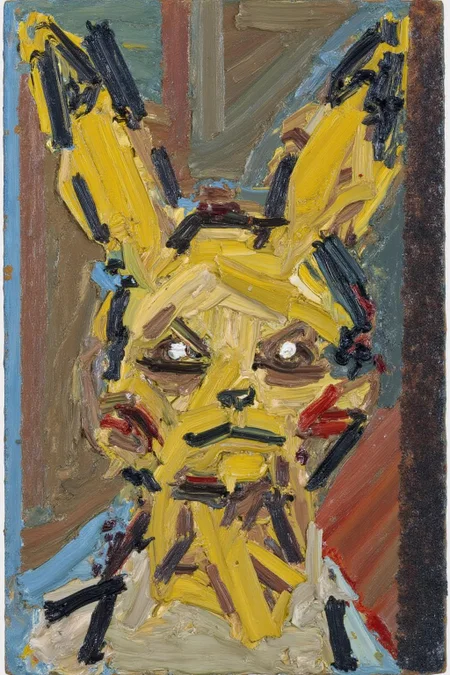 fraauer1 abstract painting. An abstract expressionist painting. The artwork features a stylized, abstract depiction of Pikachu's face using thick, impasto brushstrokes in various colors. The central figure, Pikachu, is rendered in a chaotic, expressive manner. Pikachu is painted in a mix of yellows, browns, and blacks, with some hints of blue and red. The colors are applied in rough, textured strokes, giving the face a rough, almost rugged appearance. <lora:fraauer1_cap_d6a3:1.0><lora:811804035326737421:0>