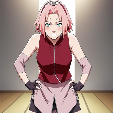 Rating:Safe , A hot and naughty picture of Sakura Haruno with hands on her hips leaning forward ; naughty teasing smile