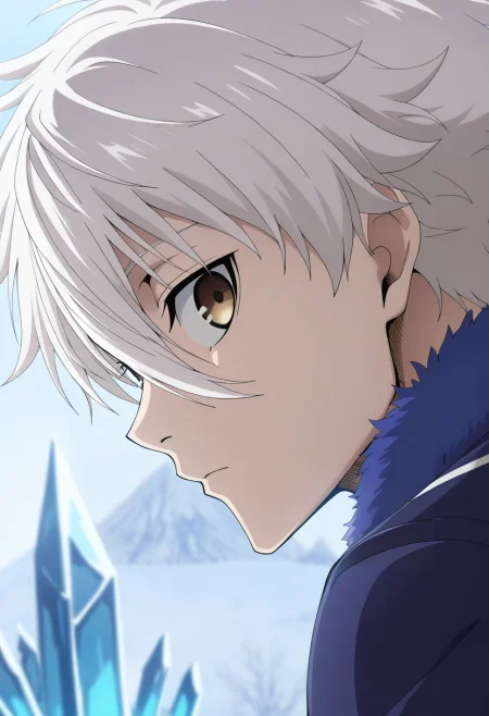 masterpiece, best quality, intricate details, anime screencap, , official style, looking at viewer, depth of field, 1boy, solo, male focus, <lora:seishirou_nagi_ilxl:0.92>, seishirou_nagi, white hair, brown eyes, short hair, bangs, hair between eyes, profile, cold, ice, noon, (dynamic pose), expressionless, jacket,