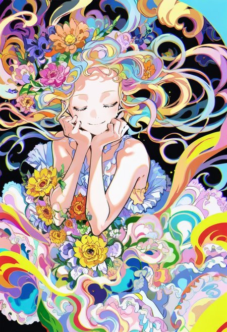 <lora:yoneyamaiXL_il_lokr_V53P1:0.95> 1girl, solo, closed eyes, smile, flower, long hair, dress, bare shoulders, floating hair, frills, colorful