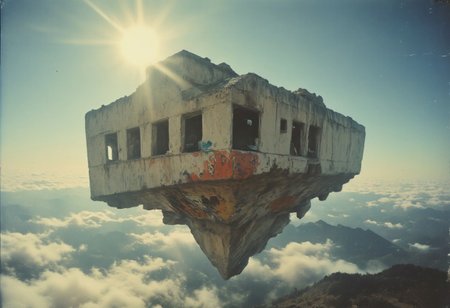 In a dystopian world, a monumental construct made of weathered white stones hovers high above the clouds. Set against a bright blue sky, volumetric clouds pass through the sunlight, casting dramatic, atmospheric beams. The structure, once a testament to a higher intelligence, now bears deep cracks and signs of decay, yet defies gravity, suspended weightlessly as if held by unseen forces. adorned with weathered colorful graffiti, The sight is surreal—a floating ruin, its broken and crumbling facade glowing faintly in the golden light. The clouds below it seem to carry its fractured form, while soft shadows dance across the worn, time-ravaged stones. Far above the ground, the construct stretches into the sky, distant yet almost within reach. The bright clouds create an otherworldly aura, with sunlight filtering through and casting soft, warm highlights on the crumbling edges that were once smooth and pristine.Though the atmosphere feels tranquil, almost serene, the decay is undeniable. The structure rises endlessly into the heavens, a floating relic of a lost era, its origins and purpose long forgotten, suspended in the sky as a reminder of what once was. Though the atmosphere feels tranquil, almost serene, the decay is undeniable. The structure rises endlessly into the heavens, a floating relic of a lost era, its origins and purpose long forgotten, suspended in the sky as a reminder of what once was, adorned by the vibrant rebellion of pop-art graffiti now nearly lost to time.