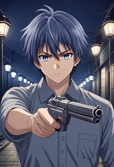 high resolution, solo, best quality, 1Boy, Tomoya Okazaki, Grey Blue Hair, portraits, midnight, dim street lights, mysterious, threatening, gun, aiming the gun to the viewer, OverallDetail