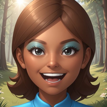 score_9, score_8, BREAK, solo, wii, mii, wii sports, 1girl, female mii, black eyes, brown hair, brown eyebrows,  blue eyeshadow, dark skin, open mouth, cyan clothing, white pants, sneakers, nintendo mii, modern_mii, classic_mii, breasts, haruka_(wii_sports), cute, sexy pose, smile, outdoors, sunlight, shadows, evening lighting, natural lighting, forest, trees, grass, orange sky, sunset