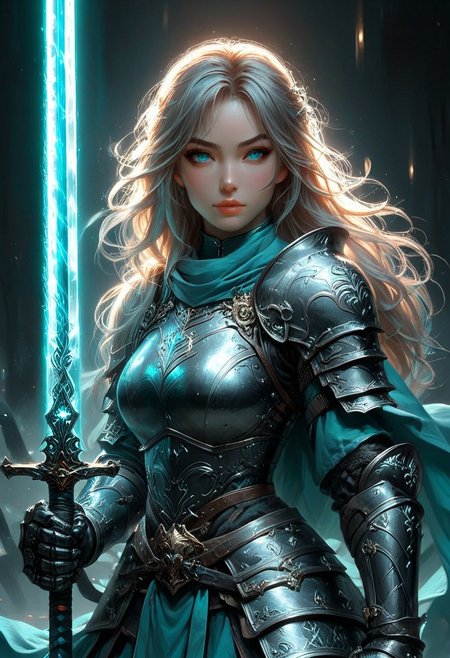hkstyle FFROA, A knight holding her sword, anime, Cyan teal black white, beautiful face, anime, martial arts sword pose, glowing sword