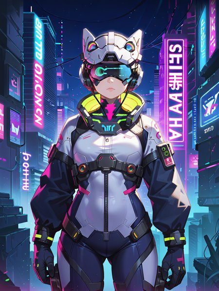 score_9, score_8_up, score_7_up,source_anime,
science fiction, cowboy shot, cyberpunk, cityscape, neon lights, rgb lights, 
mechagirl01,solo,1girl,headgear,battlesuit, head-mounted display, 
 <lora:mechagirl-000002:0.7>
