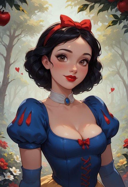 score_9, score_8_up, score_7_up, score_6_up, score_5_up, score_4_up, sexy girl, 1girl, Snowwhite, Disney, \(Snow White and the Seven Dwarfs\)/,(ultra HD quality details), brown eyes, black hair, bobbed hair, pale skin, blue sleeves with red slashing, puffy sleeves, yellow skirt, laced petticoat, dress, white collar,
 makeup, red lipstick, red hair bow, modest smile, modest look, seducing viewer, hearts, posing, sexy pose, solo, hairband, large saggy boobs, fantasy forest, apple tree, submission, flowers, sun light, cinematic lightings