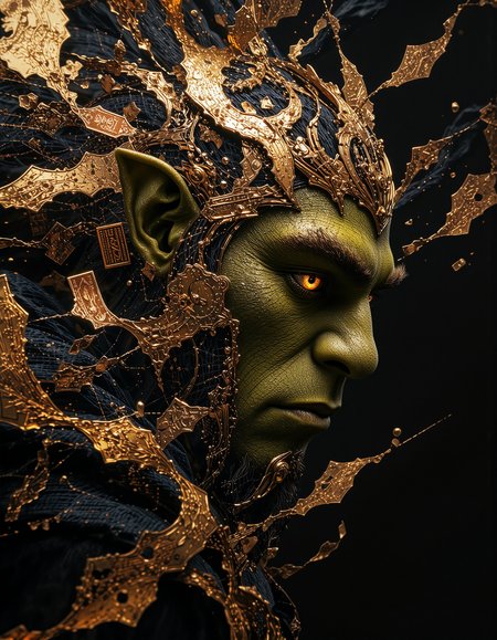 A captivating and vibrant portrait of a an evil Shrek's profile, boldly rendered with overlapping layers of dynamic, geometric patterns inspired by Art Deco.  Intricate, gold-edged vintage stamps, some appearing slightly distressed, are layered over a base of deep blacks.  Abstract brushstrokes of gold and deep ochre create a sense of motion and depth, with the Shrek's face partially obscured by the dynamic design.  His cheek, sculpted with sharp angles, is just visible, emerging from the overlapping patterns.  The strong contrast between the rich blacks and shimmering gold evokes a feeling of ominous and awe.  The textured surface of the stamps suggests the tactile quality of aged paper and ink, subtly echoing the smooth, almost metallic sheen of the gold accents.  The bold colors and intricate patterns create a powerful, modern composition, inviting the viewer to dissect each element and trace the interplay of lines and shapes, while the hidden face conveys a sense of mystery and inner resilience.  The painting's overall energy is palpable, demanding attention and encouraging exploration of its hidden stories and adventures.  <lora:flux.1_lora_flyway_Epic-detail_v2:0.8> <lora:Elden_Ring_-_Yoshitaka_Amano:0.5> <lora:anhei_first_flux_lora_v1:0.7> anhei