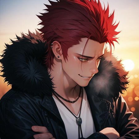 masterpiece, best quality, amazing quality, absurdres, newest, detailed background, definition so sharp, Ultra-HD, 8K cinematic, very awa, impressionate, amazing quality, highres, 
solo, male focus, manly, shadow, shiny skin, bokeh, warm light, light particle,
1boy, spiked hair, short hair, mikoto_red hair, mikoto_yellow eyes, mikotosuoh, black jacket, fur trim, v-neck, white shirt, necklace, ear piercing, crossed arms, calm face, profile, heavy breath, dawn, sad face, smiling,