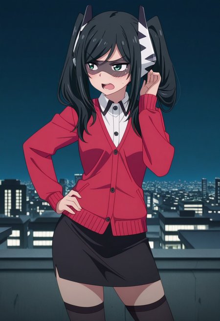 masterpiece,perfect quality,best quality,absolutely eye-catching,absurdres,highres,newest,anime coloring, anime screencap,(1girl,solo),PiltzHero, black hair, long hair, twintails, green eyes, mask, green eyes, red cardigan, white shirt, collared shirt, long sleeves, black skirt, pencil skirt, black thighhighs, hand to hair, playing with hair, hand on hip, contrapposto, v-shaped eyebrows, open mouth, blush, sweatdrop, looking at away, city, skyline, night, tokyo, rooftop,