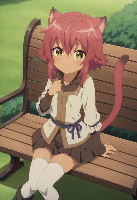 score_9, score_8_up, score_7_up, score_6_up, score_5_up, score_4_up , anime coloring ,BREAK source_anime, anime,screencap,
 1girl, solo, choujinroux, layered sleeves, shirt, cat girl, skirt, white thighhighs, boots, <lora:PonyXL Choujin Roux V1:1>
 outdoors, park, (sunny day), sitting on bench,
smile, looking at viewer,