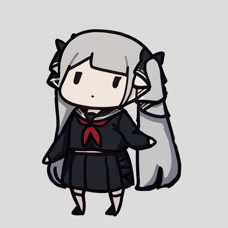 score_9, score_7_up, <break> chibi, simple background, white background, full body, solo, 1girl, formidableschool, expressionless, standing, grey hair, twintails, hair ribbon, two-tone ribbon, black eyes, dot eyes, school uniform, black serafuku, black shirt, crop top overhang, black sailor collar, red neckerchief, long sleeves, black skirt, pleated skirt, white thighhighs