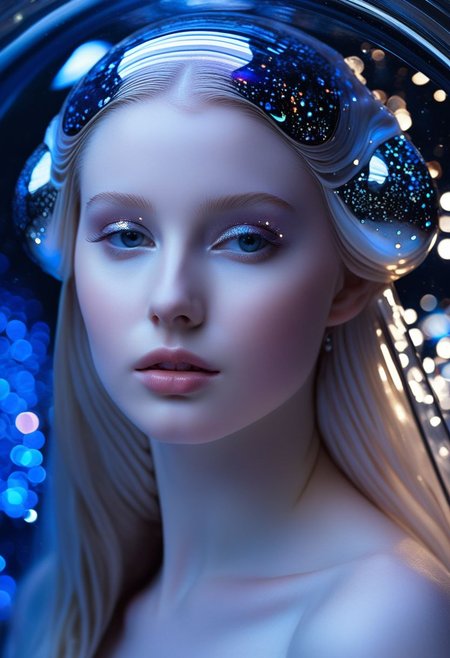 highest esthetic score, photo of a exquisitely beautiful pale skin  european 1girl, 20yo, modern implementation of sci-fi  "botichhelli The Birth of Venus" fantastic epic masterpiece, starlight falls on beautiful young face. Depth of field, insane details:1.4,  ultra detailed, absurdres, 1:280f Zeiss lens, long aperture, abalone shell, fiery opal, platinum, obsidian