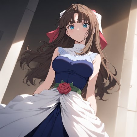1girl,solo,looking at viewer,cowboy_shot,masterpiece,high score,great score,absurdres,<lora:Maria_ Nanadan ag4o v1:1> maria_ nanadan, brown hair, long hair, blue eyes,dress,