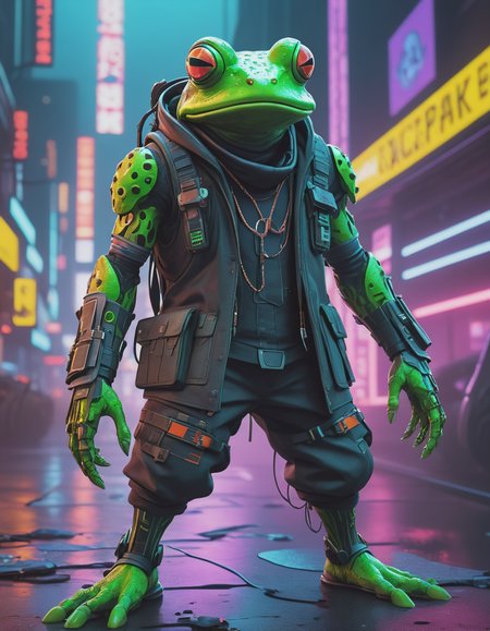 futuristic style Striking image of a cyberpunk frog donning hipster attire and wielding powerful magic in the form of cyberpunk armor. Standing tall amidst the chaos and neon lights characteristic of this gritty urban landscape, this amphibian mage commands respect with his imposing presence. His battle-ready getup boasts cutting-edge technology and defensive spells etched onto every surface, hinting at the incredible feats he's capable of pulling off in combat. An enigma wrapped in camouflaged coolness, this cyberpunk frog is a force to be reckoned with . sleek, modern, ultramodern, high tech, detailed,