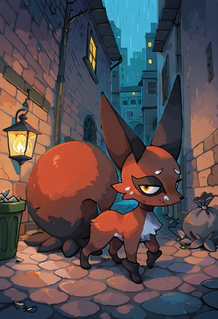 masterpiece, best quality, looking at viewer,      zzNickit,  moonlit alleyway, cobblestone street, toppled trash cans, dim lantern light, stealthy crouch, cautious glance backward, soft rain, distant city sounds â In a narrow alley slick with rain, zzNickit crouches low beside a toppled trash can, ears perked as it glances back over its shoulder. The flickering lantern above casts long shadows across the cobblestones, and droplets patter softly on rusted tin and broken glass. Beyond the alley, the muffled hum of the city stirs like a distant threat.   ,<lora:NickitPokedex_IXL_v1:1.0>,