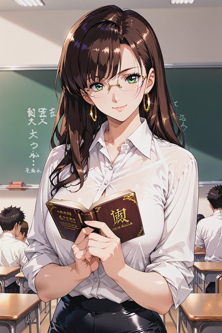 score_9, score_8_up,  score_7_up, score_6_up,
multiple boys, 
1girl, solo, dark brown hair, green eyes, bangs, glasses, straight hair, long hair, hoop earrings, 
white shirt, black pencil skirt, sleeves rolled up, 
large breasts,
light smile, 
head tilt, twisted torso,
upper body, 
reading, holding book, brown book,
classroom, chalkboard, 
urushihara satoshi style,
detailed backgrond, JabarandP,
<lora:Anime Consistency v1.1 LOHA:0.45>, <lora:Super Mix Lora:0.55>,  <lora:SJ Style:0.15>, <lora:JabarandP:0.4>,  <lora:Sinozick Style:0.3>, <lora:My private model:0.4>,  <lora:Korean Manhwa mix:0.15>,