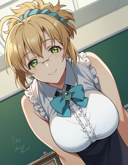 score_9, score_8_up, score_7_up, source_anime, misakisensei, <lora:misaki-sensei-ova-ponyxl-lora-nochekaiser:1>, misaki, blonde hair, large breasts, green eyes, glasses, ahoge, short hair, scrunchie, hair scrunchie,, skirt, jewelry, earrings, teacher, skirt, sleeveless, collared shirt, frilled center, frills, ribbon, white shirt,, indoors, classroom, bent over, smile, looking at viewer, solo, cowboy shot, dutch angle