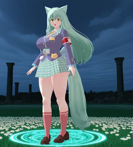 1girl, wild hips, huge breasts, aged up, alternate hair length, breasts, cloud, cloudy sky, day, field, flower, flower field, grass, ice, looking at viewer, open mouth, outdoors, petals, sky, solo, magic circle, ruins, night, glowing, stone, pillar,
VGCã¹ã¿ã³ã[TKSPï¼ã¿ã¯ã¹ãï¼],
animal ears,
long hair,green hair,
bangs,
green eyes,
blazer,purple blazer,
back bow,blue bow,
armband,blue armband,red armband,
id card,
clothing ornament,cat ornament,
white shirt, collared shirt,
neck ribbon, yellow ribbon,
plaid skirt,green skirt,
kneehighs,
loafers,brown footwear,
intricate details,detailed background, 3d,
<lora:noobaiXLNAIXL_epsilonPred11Version-lora:0.1> <lora:anatomy_helper:1><lora:Curve slider IXL2_alpha16.0_rank32_full_last:3>  <lora:VGCã¹ã¿ã³ãTKSPã¿ã¯ã¹ã.2:1.1>