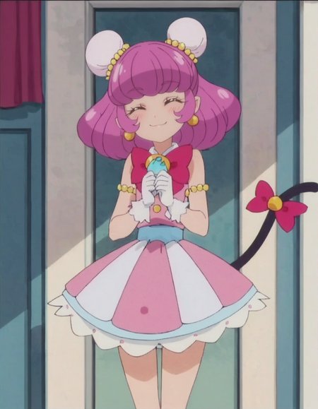 score_9, score_8_up, score_7_up, anime screencap, solo,1girl,mao,   smile, white gloves, pink dress, striped skirt,jewelry, earrings, bow,  sleeveless, bun cover, black cat tail, tail ornament,cowboy shot,closed eyes,blush<lora:mao:0.8>
