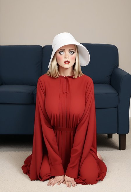 score_9, score_8_up, score_7_up, score_6_up, adult beautiful woman,   (chiaroscuro lighting) 
source_cartoon,   f3rn4nd0, (line art), 
 solo, 
face focus, 
apartment, 
 (1female),  coed 
H4NDM41D,red dress, hood, red_robe, hooded_robe, bonnet, white_headwear, 
(gigantic breasts), (huge breasts), fully clothed, 
blond hair,
red lipstick, long eyelashes, slutty makeup,  mascara
((blushing)),  
 biting her lip,  
(extremely thin), (skinny thin), (anorexic thin),
kneeling on ground, near couch