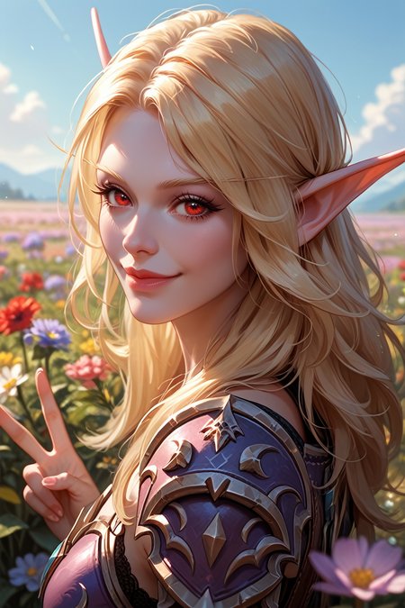 score_9, score_8_up, score_7_up,
<lora:WSylvanas:0.8>
WSylvanas, 1girl, blonde hair, long hair, pointy ears, red eyes, looking at viewer, from side, wink, happy, smile, closed mouth, peace sign, flowers, meadow