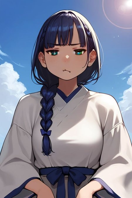 score_9, score_8_up, score_7_up, 1girl, pout, dark_blue hair, heavy_fringe, low-braided_long_hair, beige eyes, medium breasts, wide sleeves, cooling tower, lens flare <lora:yomu_(sgt_epper)_PonyXL_style_v01:1>