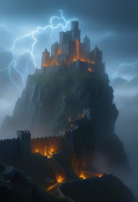 castle,
An ancient castle atop a jagged cliff, shrouded in mist, with glowing runes pulsing along its stone walls as thunder roars above.