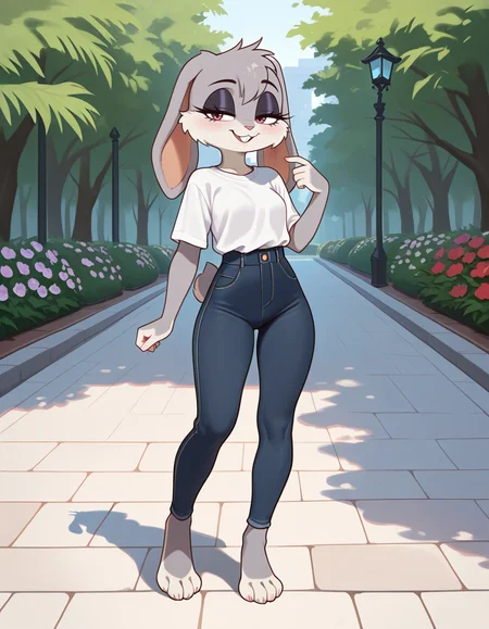 masterpiece, best quality, very aesthetic, absurdres,
outdoors, casual, 
full body, standing, posing, 
seductive smile, parted lips, long eyelashes,
 <lora:Violet_v01_NAIXL:1>
V10l37,1girl,solo,furry,furry female, rabbit girl, rabbit ears, animal nose, buck teeth, body fur, grey fur, rabbit tail,