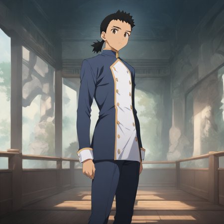 solo,looking at viewer,masterpiece,high score,great score,absurdres,<lora:Kenshi_Masaki ag4o v1:1> 1boy, kenshi_masaki, black hair, ponytail, brown eyes,blue long sleeves,white front with buttons,pants,