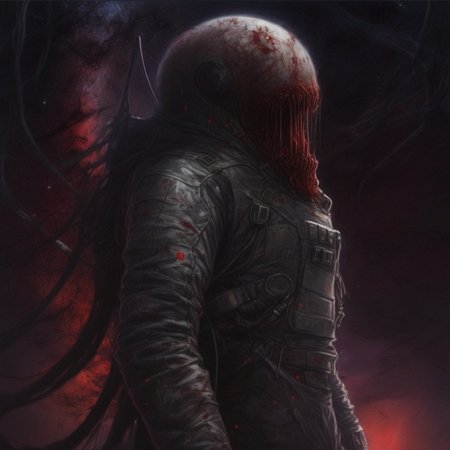 cloud, monster, monitor, closed mouth, red eyes, looking up, starry sky, jacket, spacecraft, blood, from behind, pants, beard, pillar, death, armor