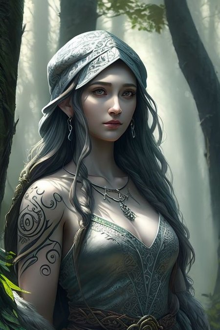 RAW photo, (masterpiece:1.3), subsurface scattering, heavy shadow, (high quality:1.4), (intricate, high detail:1.2), professional photography, HDR, High Dynamic Range, realistic, ultra realistic, photorealistic, high resolution, film photography, ambient lighting, atmospheric effects, <lora:detail_slider_v4:2>, OverallDetail, a female druid, middle-aged, tribal tattoos, Silver, beret, with a dog, leaves, holding a staff, FanDru, <lora:FantasyDruid-10:1>, <lora:zoom_slider_v1:1>, in a radiant enchanted forest, style-sylvamagic, <lora:FeyAndFairies:0.5>, FeyFa, epiCPhoto