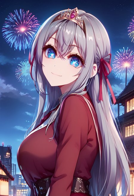 score_9, score_8_up, score_7_up,source_anime, jvdaniang, planet size, 1girl, alyav4, long hair, grey hair, blue eyes, ribbon, hair ribbon, hair between eyes, symbol-shaped pupils, eyelashes, tiara, g0dd3ss, dress, lace high heels, large breasts, night scene, sitting on ass, sitting on table(building), surrounded by buildings, entire body shot, facial expression, kind, smile, head tilt, soft eyes, dreamlike atmosphere, fireworks, glowing edges, mystical, high contrast, ethereal light, side view, gl0w, glow, Extreme Size Difference, gradient eyes, beautiful detailed eyes, high gradient eyes, detailed eyes, high definition eyes,