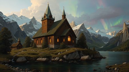 A Norwegian stave church nestled in a fjord, its spires reaching towards the northern lights in the night sky, great lighting, Chiaroscuro,, digital painting, highly detailed, artstation, sharp focus, illustration, concept art, ruan jia, oil painting, 4k, art by Andrew Andreev and thomas kinkade and alejandro hodorovski and greg rutkowski  <lora:great_lighting:0.8>  <lora:EnvyFeverDreamXL01a:0.7>   <lora:The_Classic:0.8>