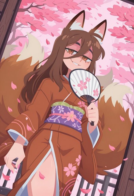 uncensored, highest quality, masterpiece, intricate details, highly detailed, drapped kimono, embroided kimono, japanese fan, dutch angle, cowboy shot, dynamic shot, dynamic pose, 1 boy, solo, brown fox ears, long hair, long bangs, brown hair, fox tail, nine tails, masculine eyes, masculine face:0.8, average physique, tall, yandere, smirk, chiaroscuro, very awa, t4kar4i_illu, no_outlines,no lineart, vanripper, cherry blossom, petals, pink atmosphere