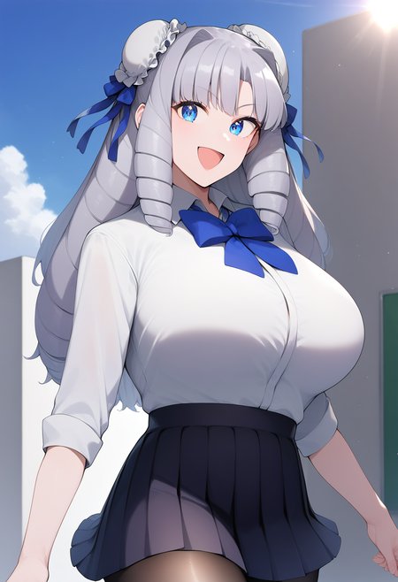 1girl, solo, cowboy shot, smile, open mouth, (outdoors:1.2), sky, sunlight, large breasts, 
fuzidou_oriko, blue eyes, grey hair, long hair, drill hair, double bun, bun cover, hair ribbon, school uniform, white shirt, collared shirt, pleated skirt, black skirt, pantyhose, <lora:fuzidou_oriko_pony_ver1:0.9>, score_9, score_8_up, score_7_up, BREAK source_anime, best quality, masterpiece, uncensored, Captivating Eye Reflections,,