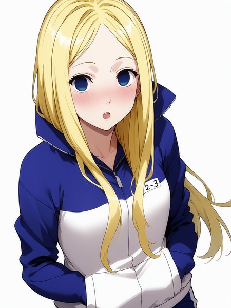 pixiv masterpiece, source_anime, score_9, score_8_up,  score_7_up, score_6_up, absurd res, BREAK
 <lora:Nino_arakawa_under_the_bridge_illu_v24-000017:1>, nino_arakawa_il, 1girl, solo, tracksuit, number_tag,  looking at  viewer, ,small breasts, blushing, surprised,  white background, simple background, hands_in_pockets, upper body